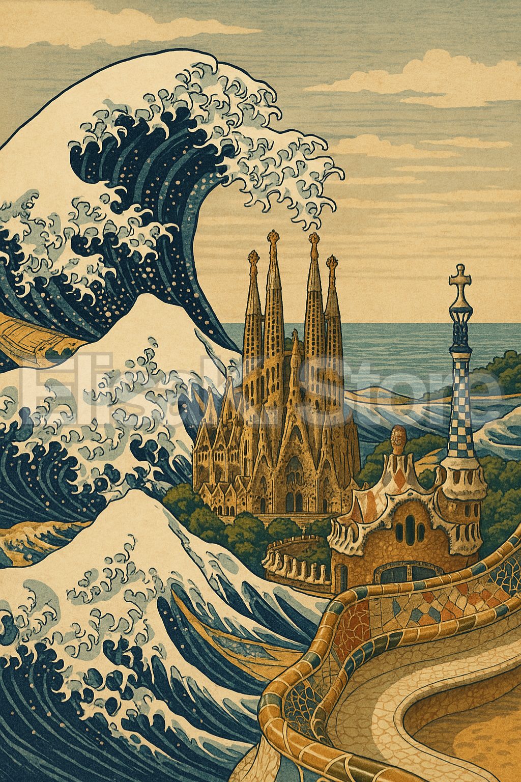 Barcelona City Poster | Sagrada Familia & Park Güell Wall Art | Modern Travel Print | 50x70 cm High Resolution